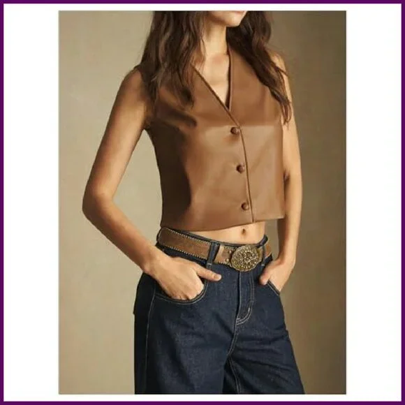 PU Leather Button Up Vest Crop Top Sleeveless Waistcoat - Picture 3 of 6